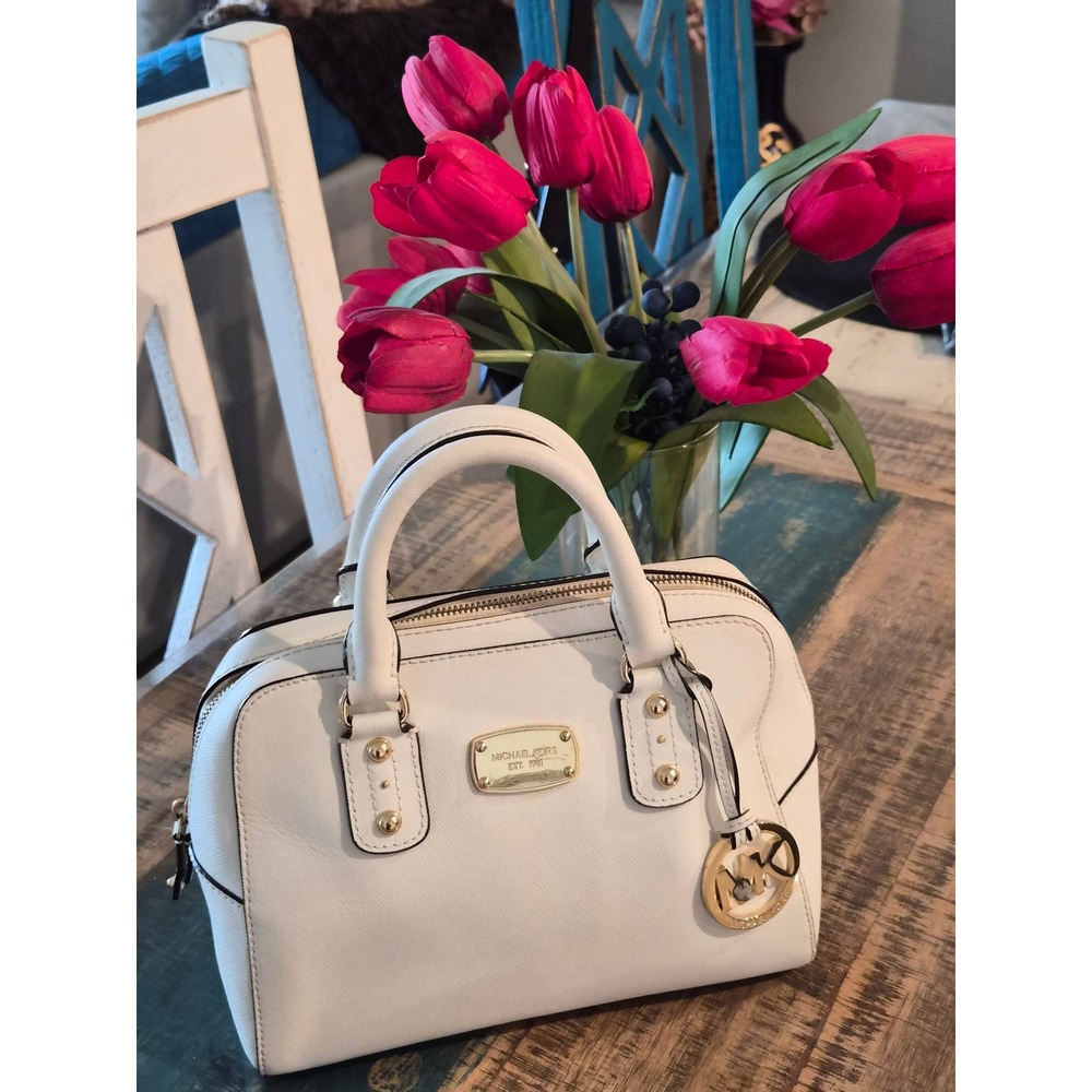Michael Kors White Saffiano Leather Satchel Bag Gold Tone Hardware